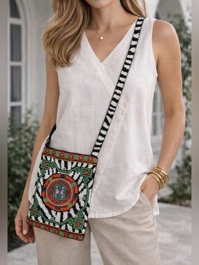 Christiana Beaded Crossbody Bag Zebra Tribal Pattern Black White 8x6 Boho Chic